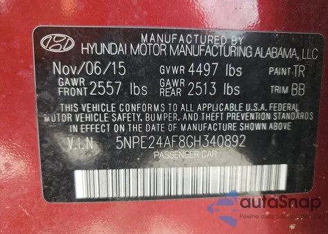 2016 Hyundai Sonata Se из США, поврежденный, VIN 5NPE24AF8GH340892